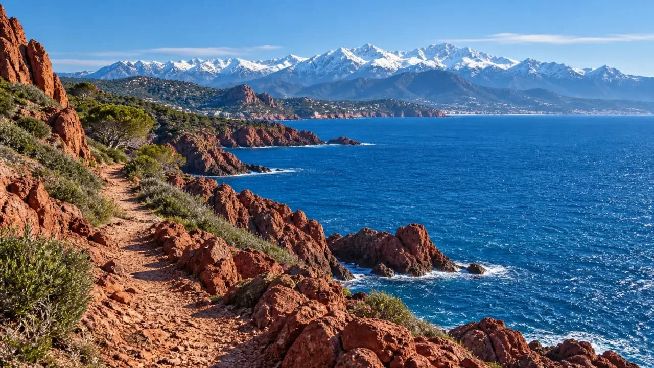 Paysage de Noel cote d azur entre mer Méditerranée et montagnes enneigées