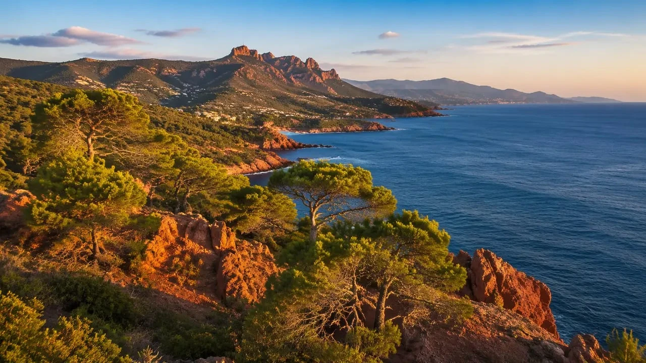 Paysage Côte d’Azur avec mer Méditerranée, roches rouges de l’Estérel et pins au coucher du soleil