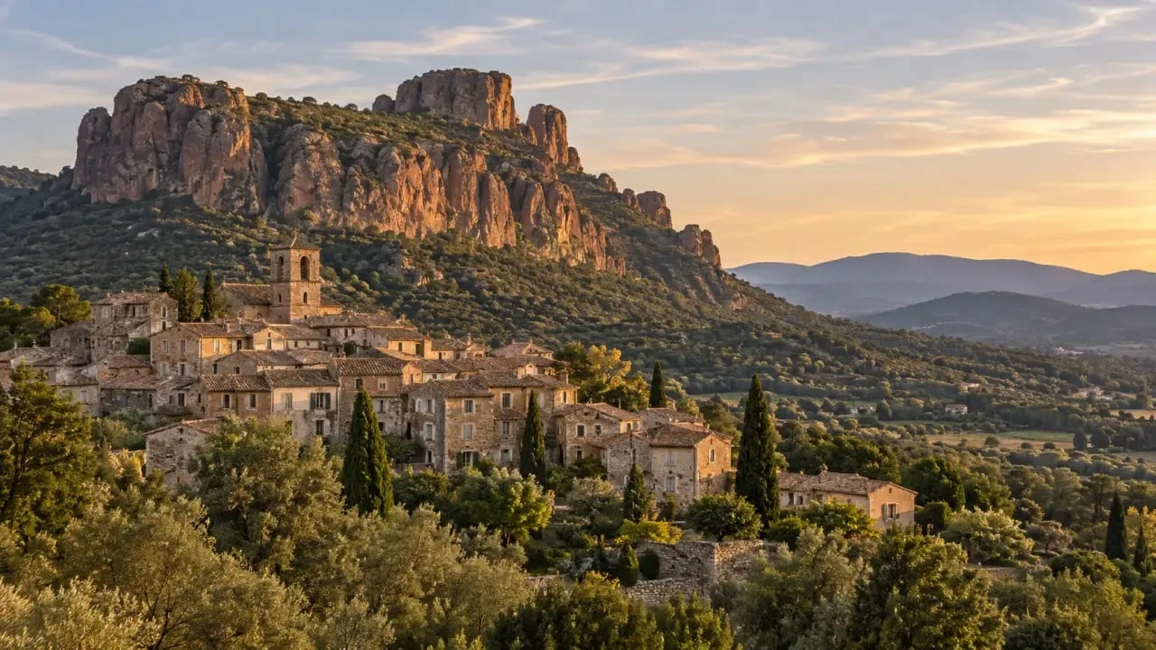 Village vacances à Roquebrune-sur-Argens avec le village médiéval et le rocher en arrière-plan