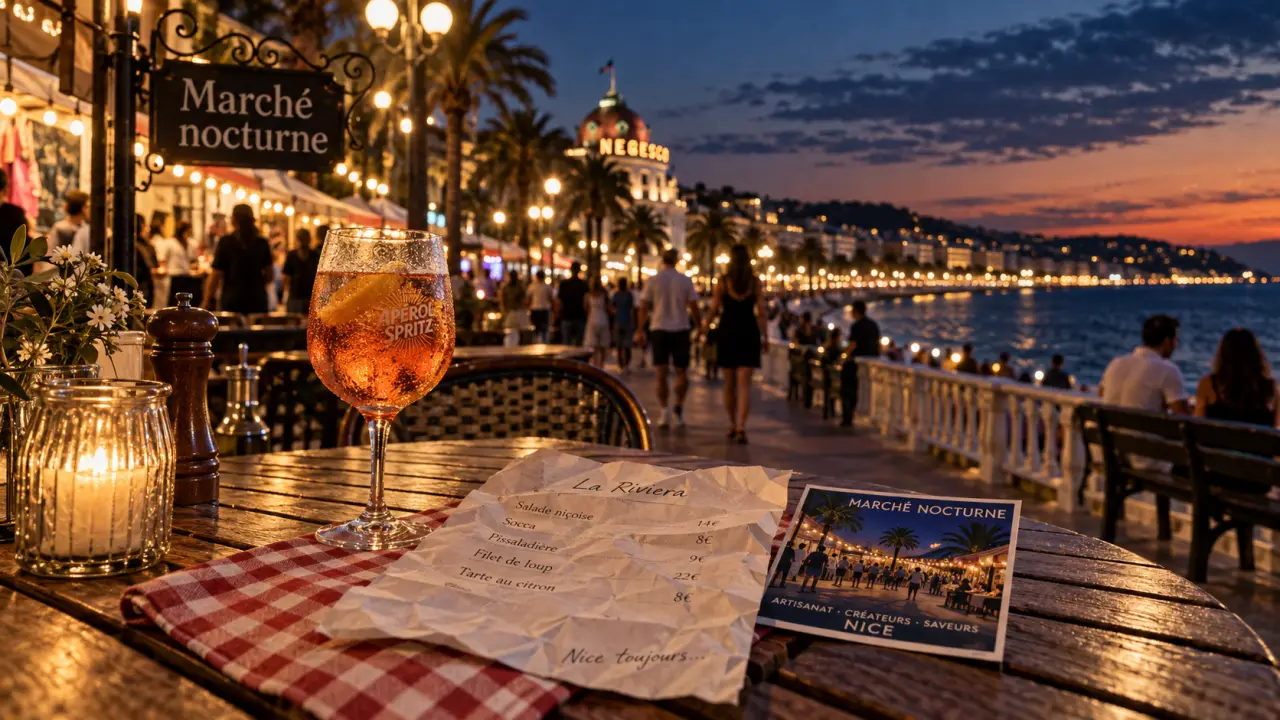 evenements cote d azur : marché nocturne sur la Promenade des Anglais à Nice au crépuscule