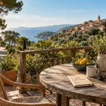 Gite cote d azur : terrasse calme, pins et vue mer lointaine