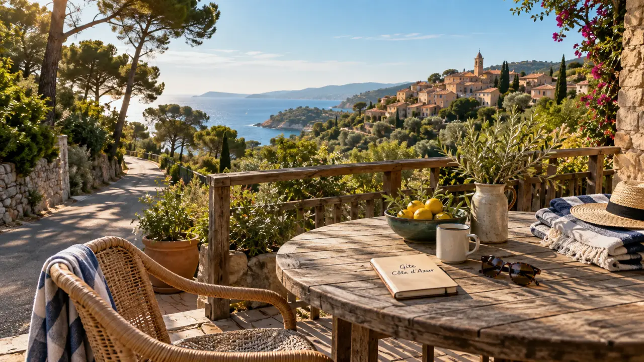 Gite cote d azur : terrasse calme, pins et vue mer lointaine