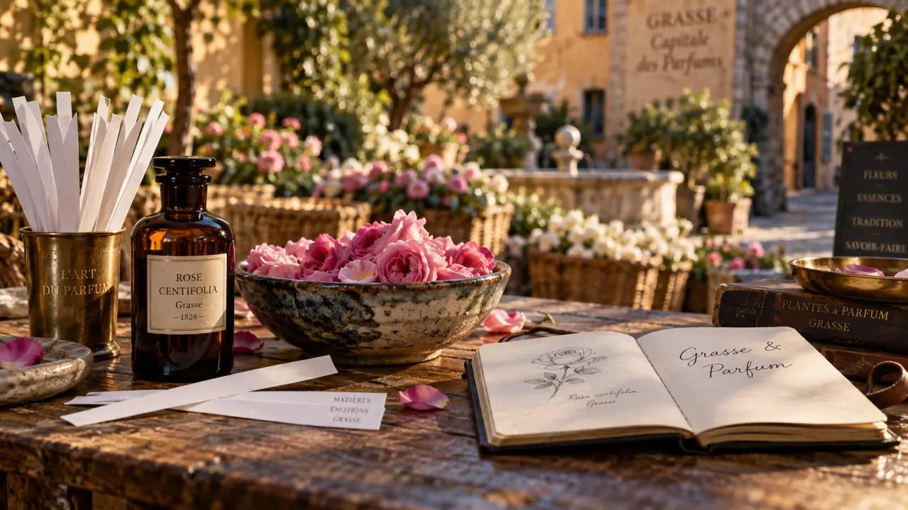 Grasse, ville parfum cote d azur : mouillettes et flacon en atelier de parfum