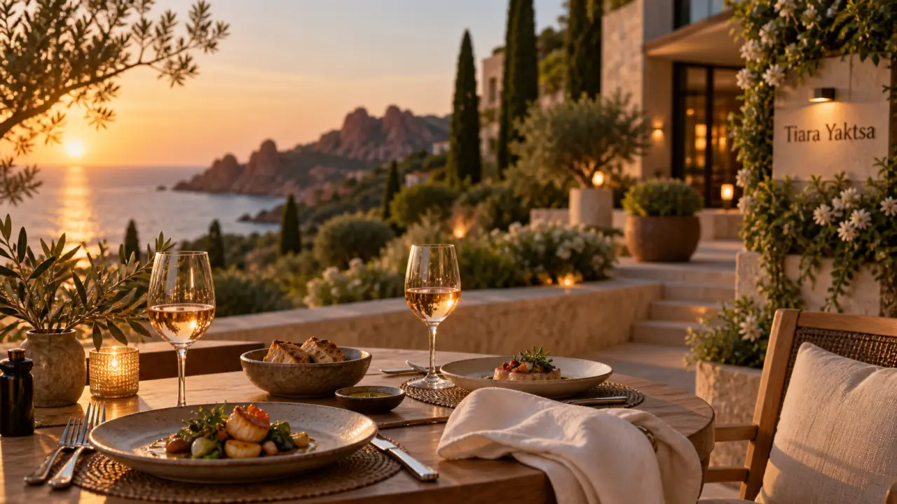 Hotel Tiara Yaktsa cote d azur : terrasse vue mer et pierre beige