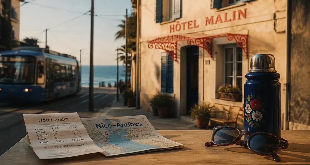 Hôtels pas chers Côte d’Azur : billet et carte Nice–Antibes devant hôtel