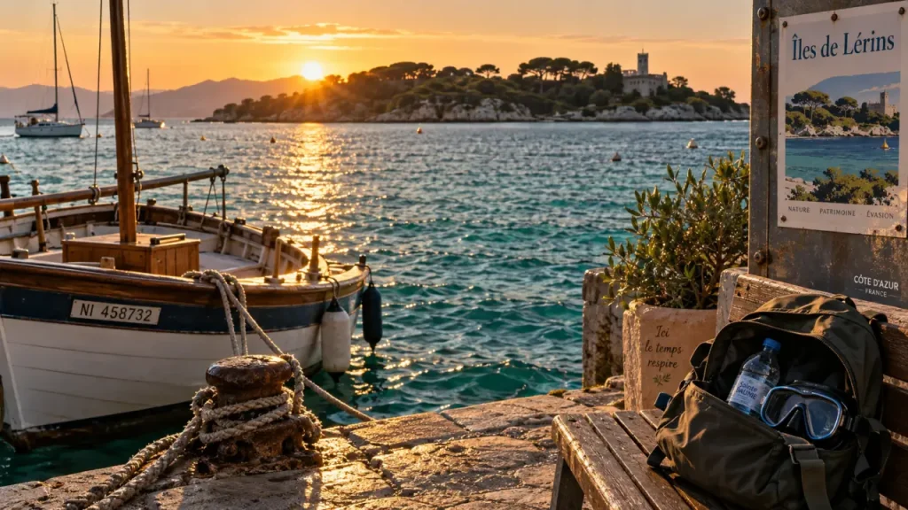 Iles cote d azur : île de Lérins et mer turquoise au coucher du soleil