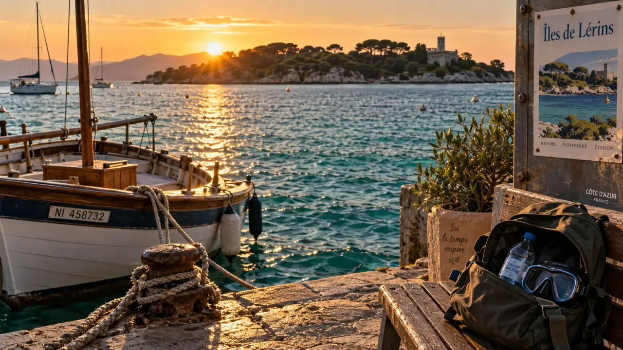 Iles cote d azur : île de Lérins et mer turquoise au coucher du soleil