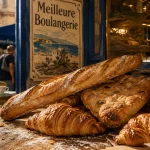 La meilleure boulangerie de france cote d azur : vitrine avec baguette, croissants et fougasse