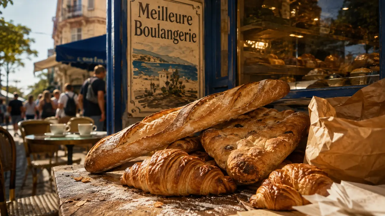 La meilleure boulangerie de france cote d azur : vitrine avec baguette, croissants et fougasse