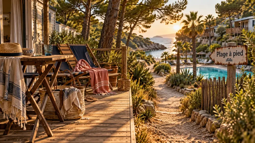 location camping cote d azur, mer à pied depuis la terrasse, piscine et pinède