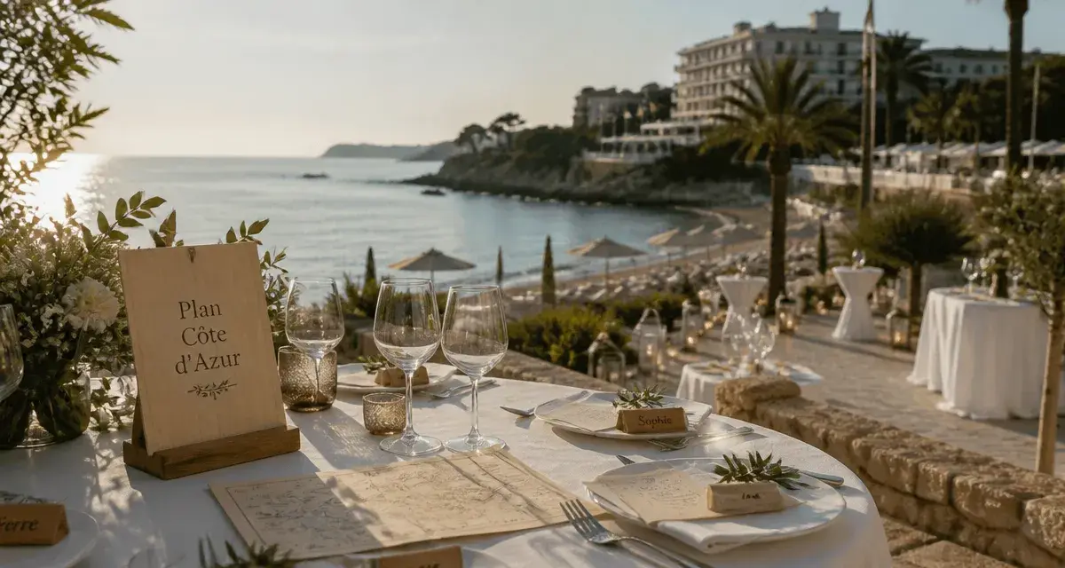 mariage bord de mer cote d azur : table de réception sur terrasse face à la Méditerranée