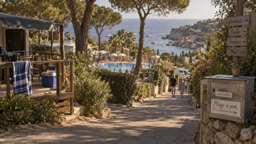 Meilleur camping cote d azur : allée ombragée, plage à pied