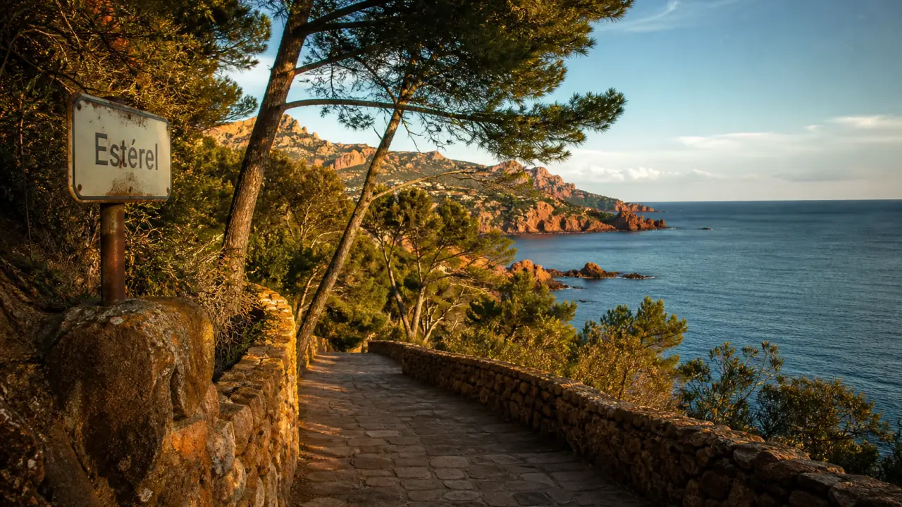 Paysage cote d azur : roches rouges de l’Estérel et mer bleue