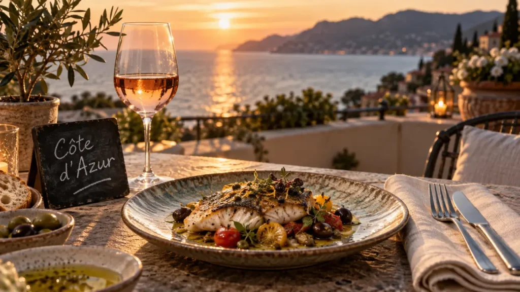 Restaurant gastronomique cote d azur, vue mer coucher de soleil