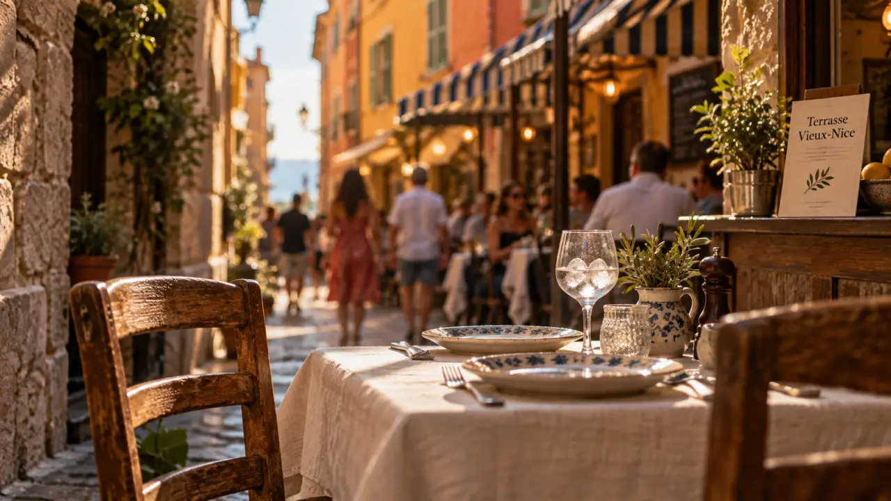 Restaurant vieux nice avec terrasse, table et chaises en ruelle