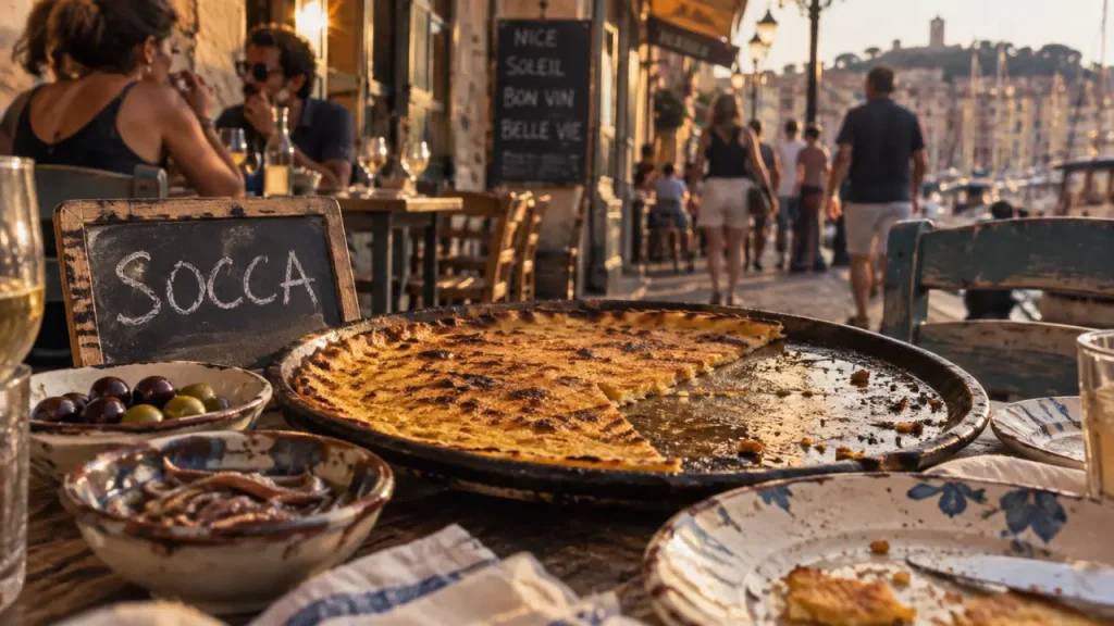 Ristorante a nizza : socca dorée au Vieux-Nice, table près du Vieux-Port
