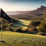 roquebrune sur argens golf club : green vallonné et drapeau, Esterel en arrière-plan