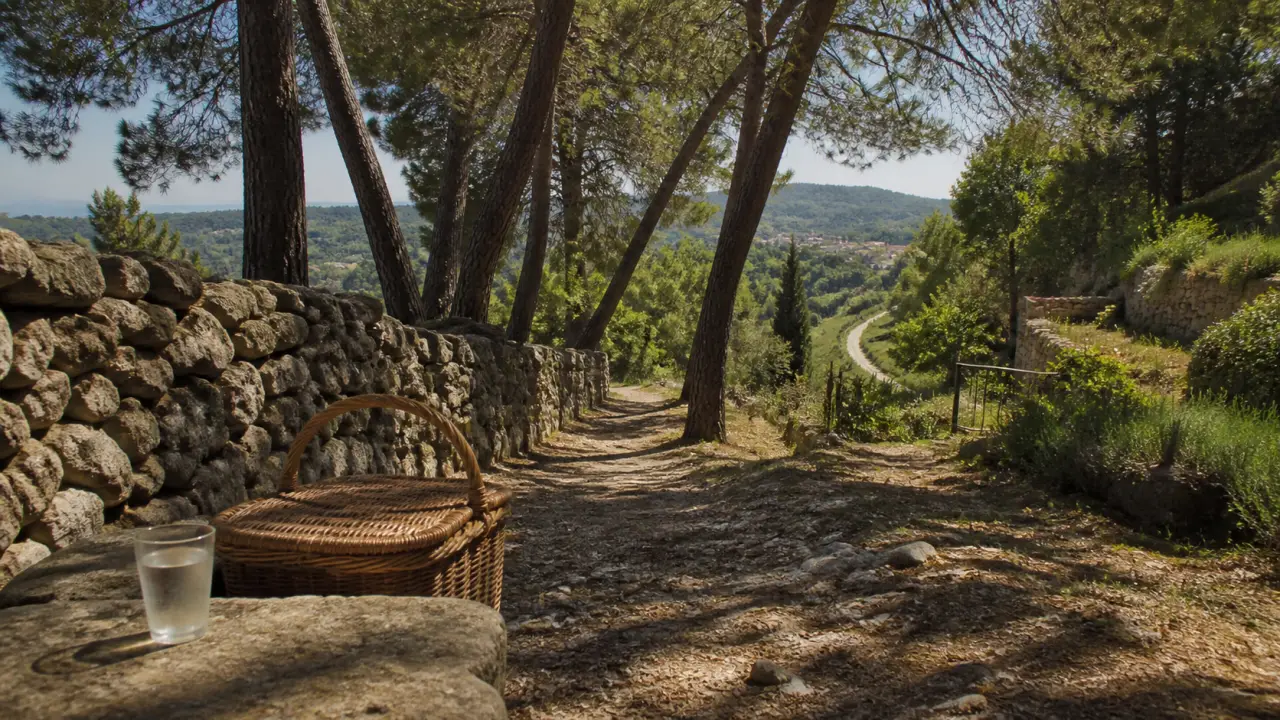 Roquefort cote d azur, chemin calcaire entre pins et murets de pierre sèche