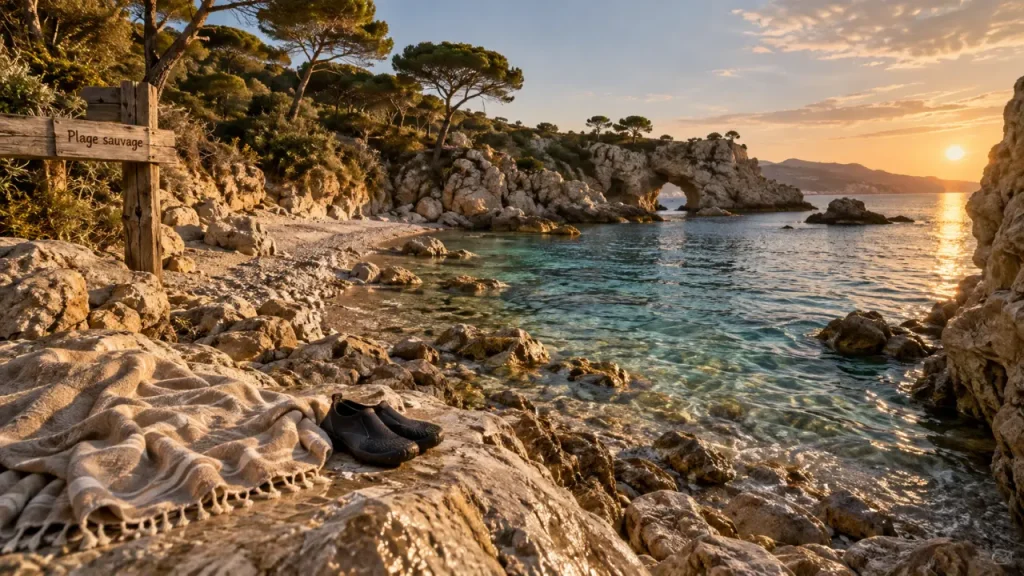 Schönste strände cote d azur : crique sauvage au coucher du soleil, accès à pied