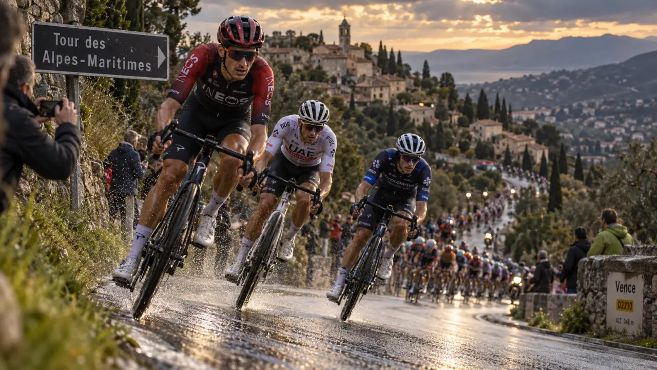 Tour des Alpes-Maritimes 2025 : coureurs en descente près de Vence