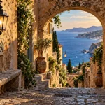 village cote d azur : ruelle ocre avec vue mer