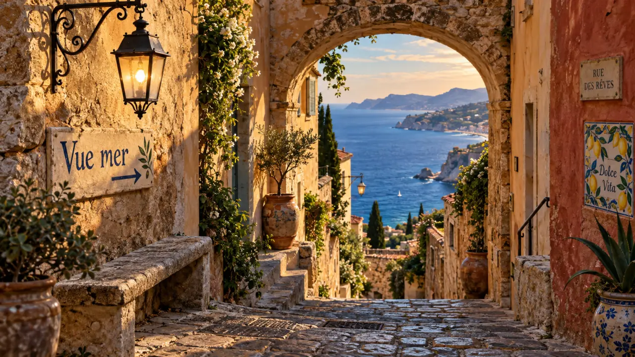 village cote d azur : ruelle ocre avec vue mer