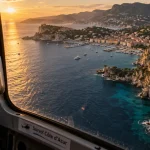 Vol helicoptere cote d azur au golden hour : littoral, rochers, baie turquoise, Corse