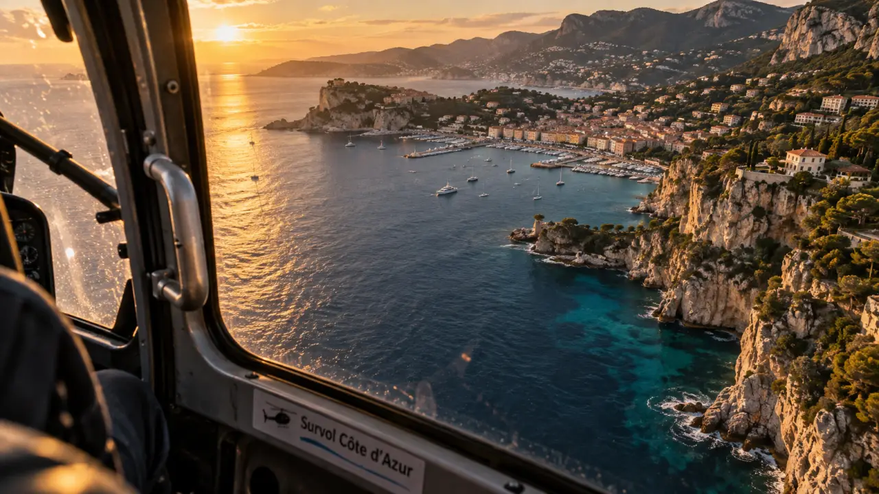 Vol helicoptere cote d azur au golden hour : littoral, rochers, baie turquoise, Corse