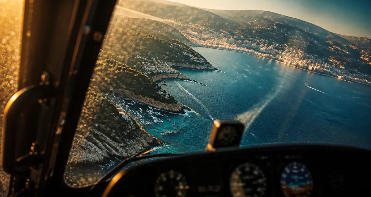Vol helicoptere cote d azur : vue depuis l’habitacle sur Monaco et la mer turquoise