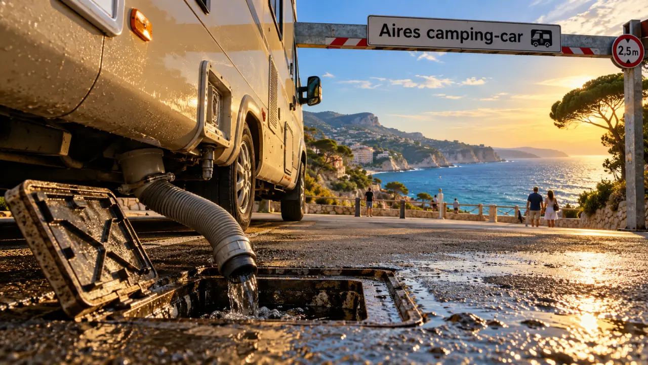 Aire camping car Côte d’Azur, camping-car près de la mer et signalisation hauteur limitée