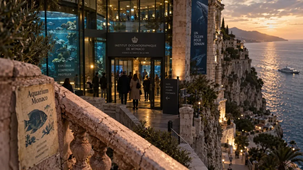 Aquarium cote d azur à Monaco, entrée vitrée et poissons méditerranéens