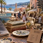 Brocante cote d azur : vide-grenier, vinyles et livres sur table bois