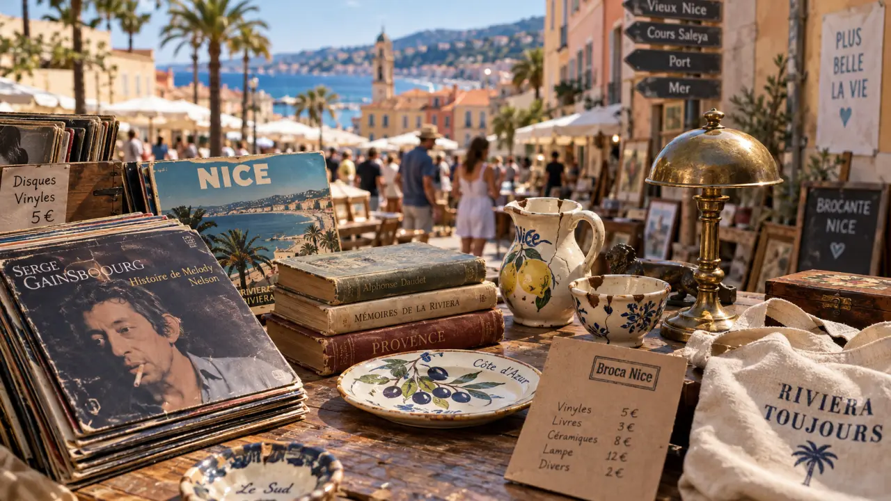 Brocante cote d azur : vide-grenier, vinyles et livres sur table bois