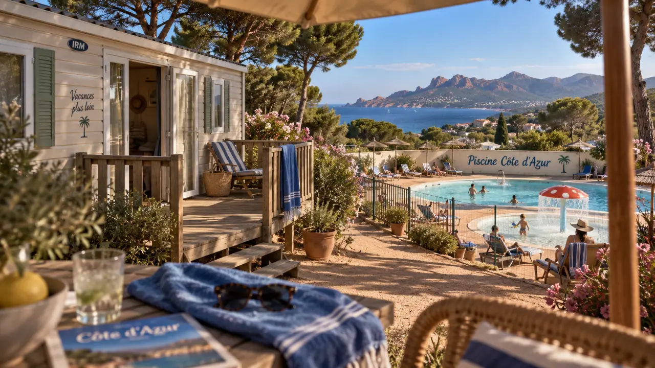 Camping avec piscine cote d azur : transats et mobil-home