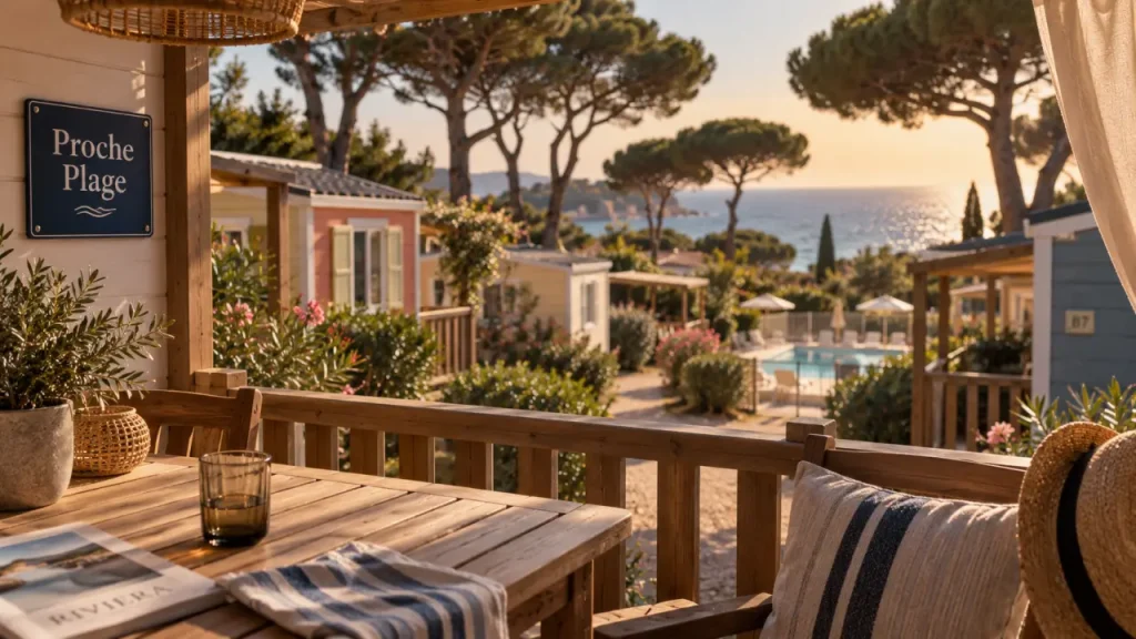 Camping cote d azur mobil home : terrasse ombragée proche plage, vue mer