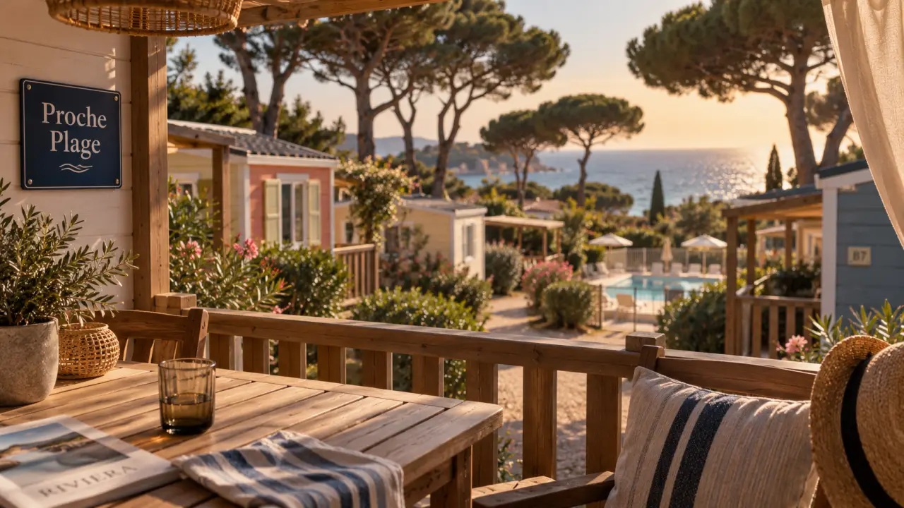 Camping cote d azur mobil home : terrasse ombragée proche plage, vue mer