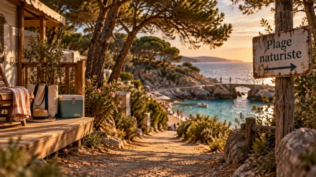 Camping naturiste cote d azur, pancarte plage naturiste, crique turquoise