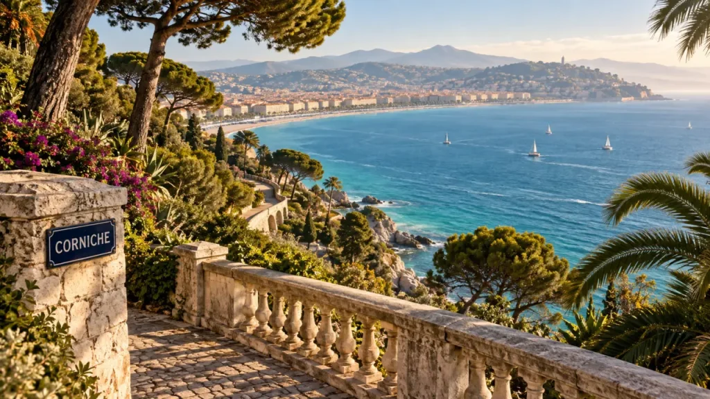 Cote d azur highlights : Corniche de Nice, vue mer turquoise depuis un belvédère