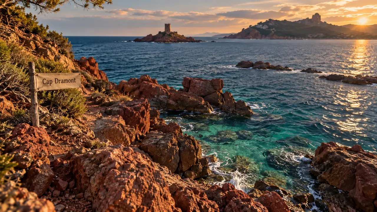 Crique du Dramont : eau turquoise et rochers rouges