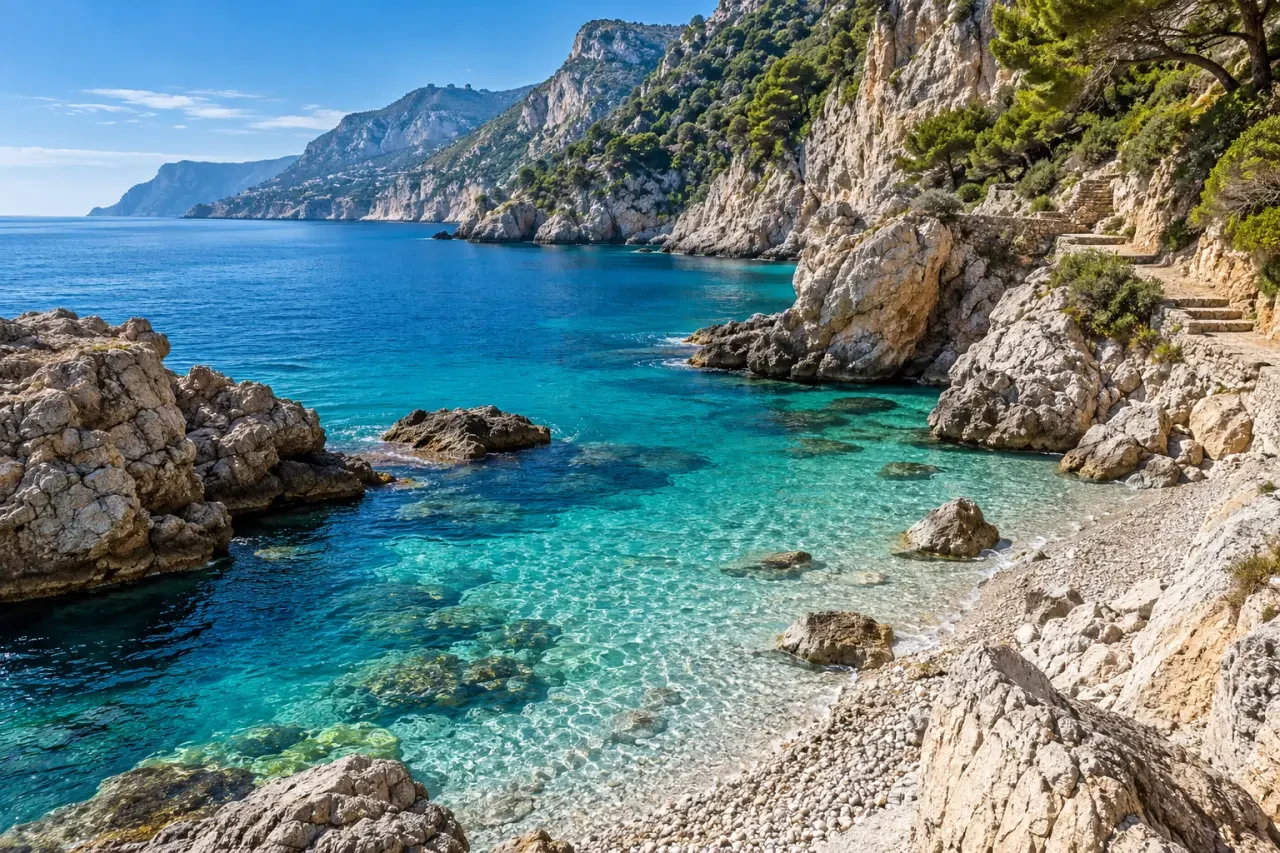 Criques du Cap Estel à Èze avec rivage rocheux, galets et sentier côtier