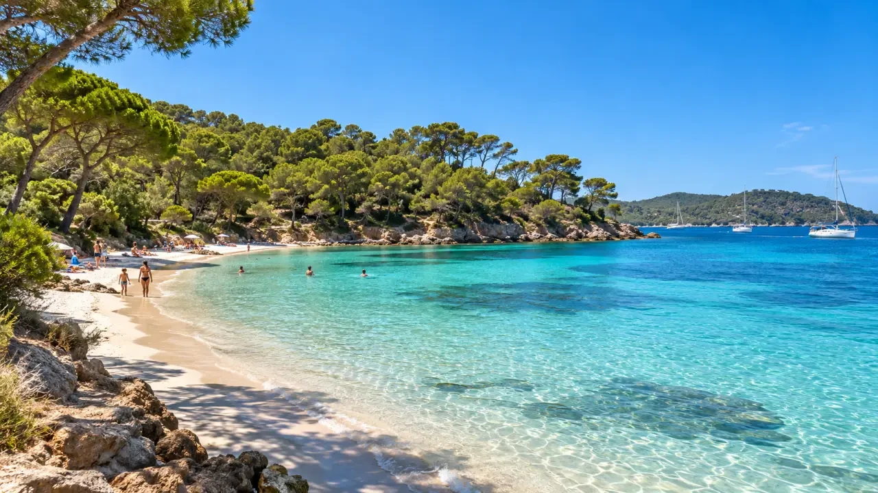 Plage l Estagnol à Bormes-les-Mimosas avec sable blanc, eau turquoise et pinède