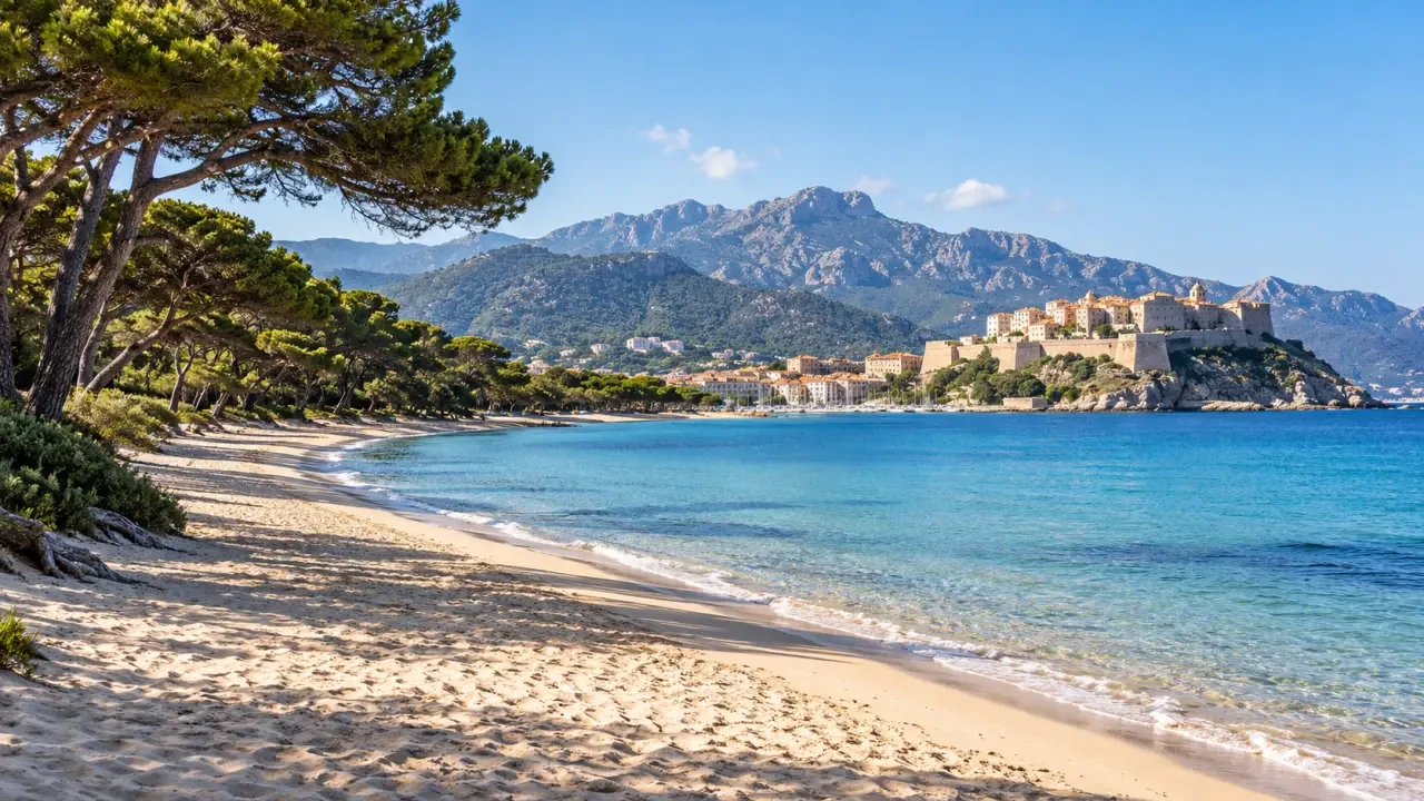 Plage de la Pinède à Calvi avec sable fin, pinède et vue sur la citadelle