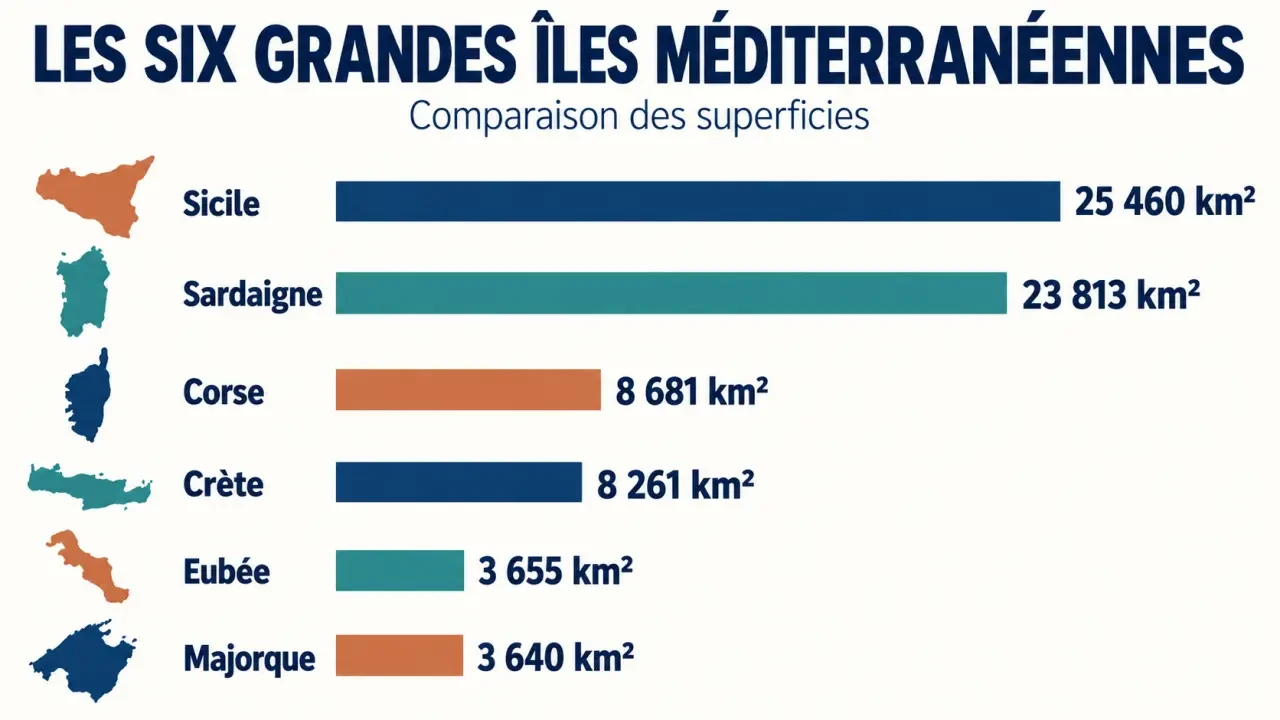 Infographie comparative des principales îles de Méditerranée par superficie