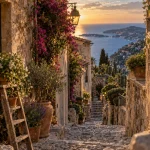 eze cote d azur france : ruelle pavée et jardin exotique à Èze