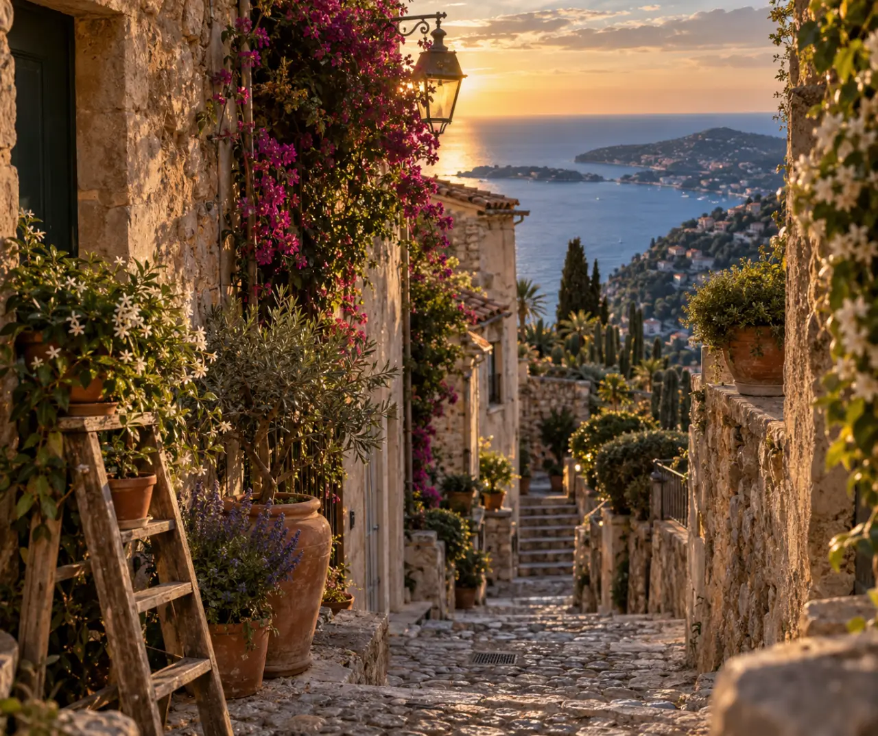 eze cote d azur france : ruelle pavée et jardin exotique à Èze