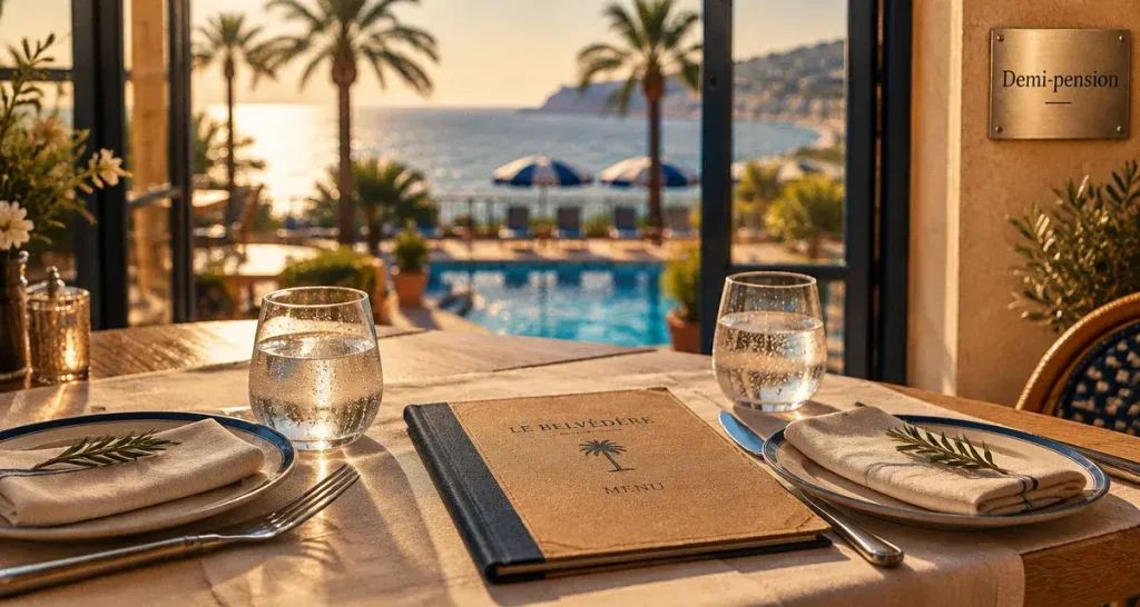 hotel demi pension cote d azur : terrasse d’hôtel et dîner inclus