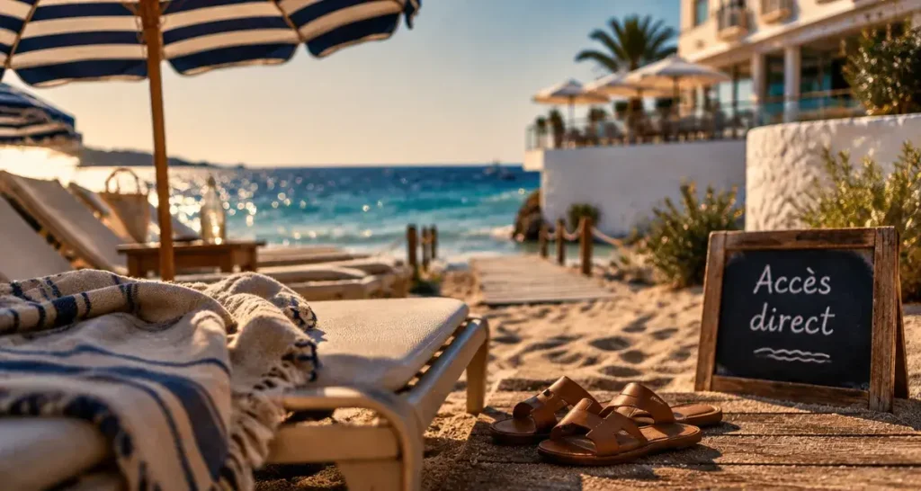 Hotel plage privée cote d azur, transats sur plage avec accès direct à la mer