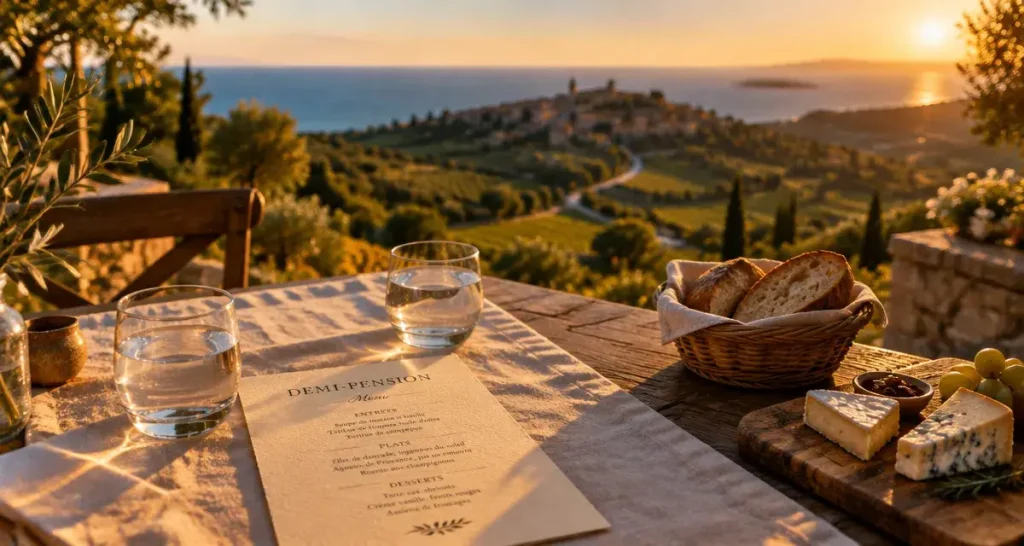 Hôtels demi pension Provence Alpes Côte d’Azur : terrasse hôtel vue mer et village