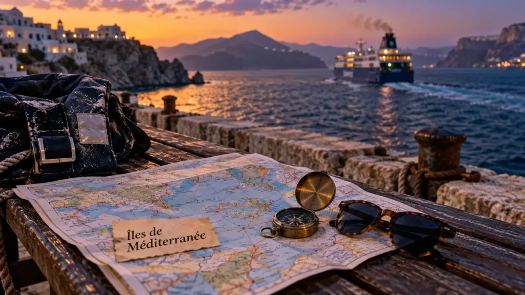 Îles de méditerranée : carte et ferry au crépuscule