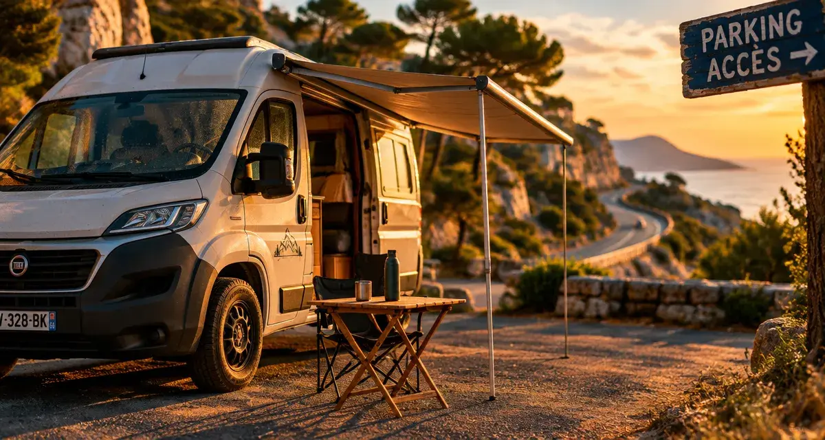 Location camping car Côte d Azur : van blanc sur parking en golden hour